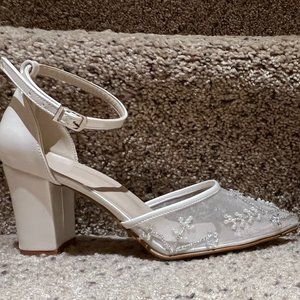Size 7, Ivory Sheer Wedding Shoes with Pearl Details